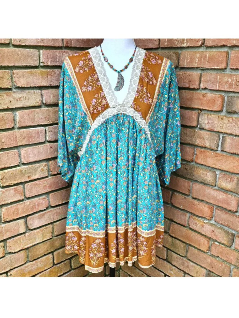 Boho Floral Lace Trim Dress, Teal Rust Print, Cottagecore, GiGiO Brand, Size S - Picture 3 of 11